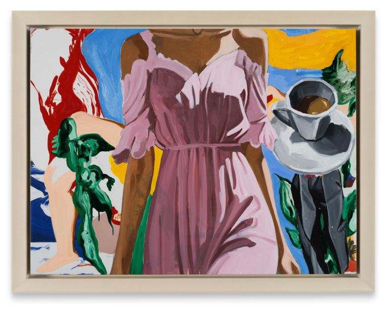 Headless figure in pink dress holds coffee cup; background with red splashes, green angel, yellow shapes.