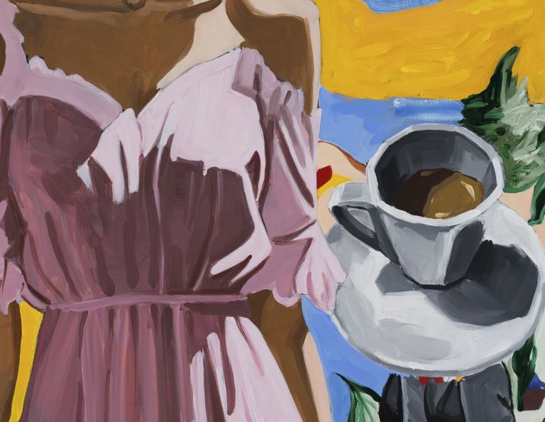 Headless figure in pink dress holds coffee cup; background with red splashes, green angel, yellow shapes.