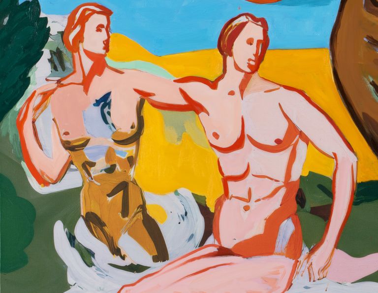 Figure in pink top bends over orange object; background shows two nudes, cookware, and orange fruit.