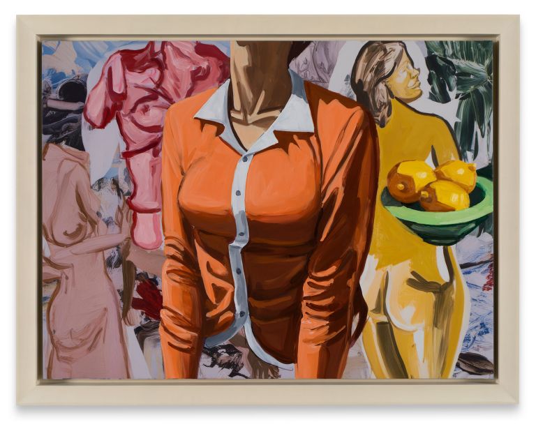 Headless figure in orange shirt, white collar; background with nudes, pink shapes, yellow figure holding lemons.