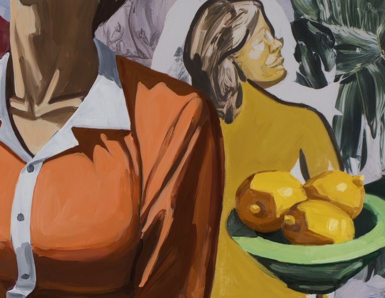 Headless figure in orange shirt, white collar; background with nudes, pink shapes, yellow figure holding lemons.