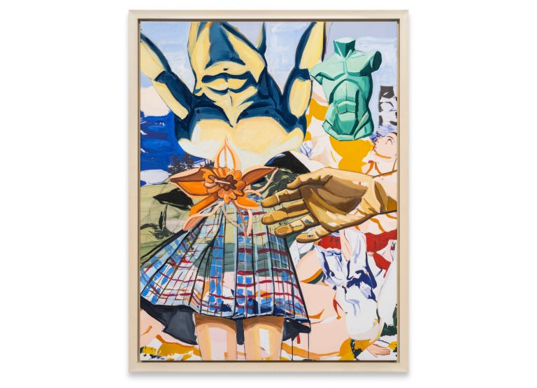 Figure in plaid skirt receiving a flower, oversized yellow and green armored torsos looming above.