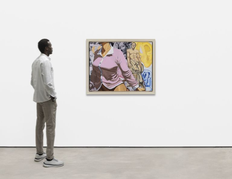 Close-up of pink shirt torso, yellow hat; background shows a male nude figure and abstract yellow shapes.