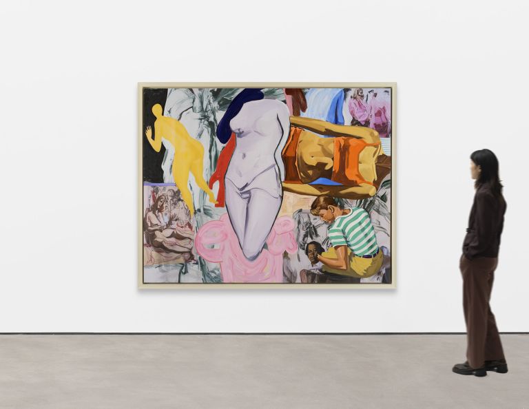 Collage-like painting: yellow figure, grey nude torso, reclining orange figure, boy in striped shirt.