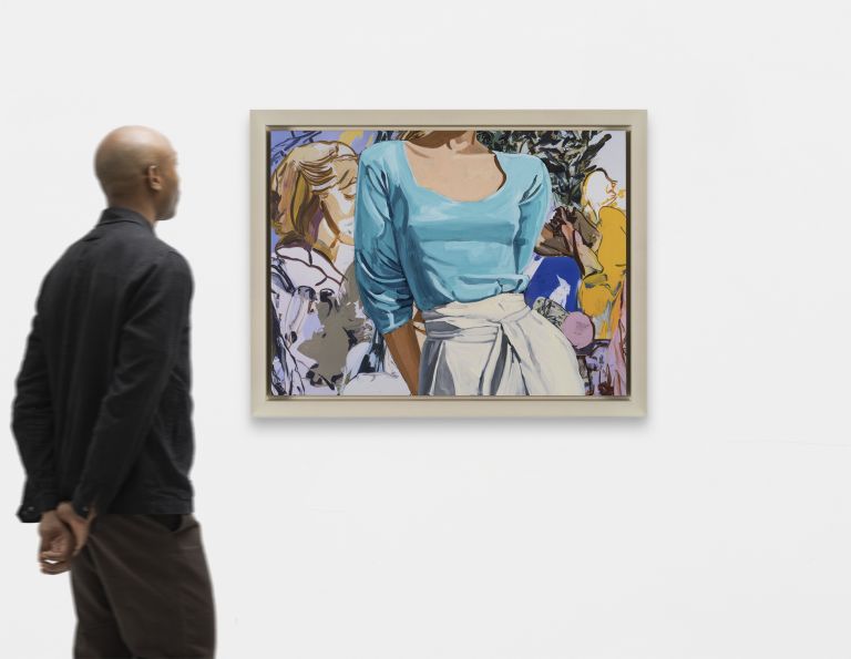 Cropped female torso in teal top and white skirt; layered background with figures and abstract shapes.