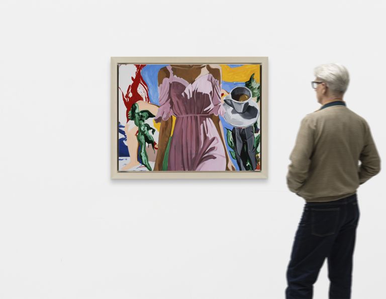 Headless figure in pink dress holds coffee cup; background with red splashes, green angel, yellow shapes.