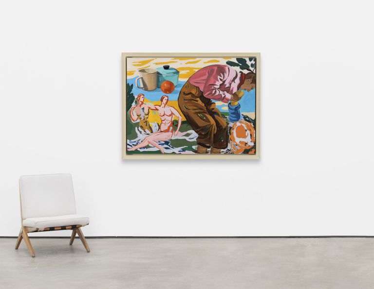 Figure in pink top bends over orange object; background shows two nudes, cookware, and orange fruit.