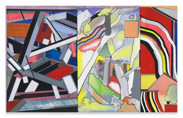 Abstract colorful geometric painting divided into three sections with angular shapes, vibrant colors including red, blue, yellow, and black, creating a disjointed spatial composition.