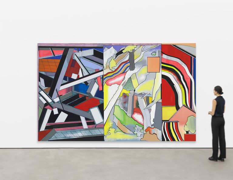 Abstract colorful geometric painting divided into three sections with angular shapes, vibrant colors including red, blue, yellow, and black, creating a disjointed spatial composition.