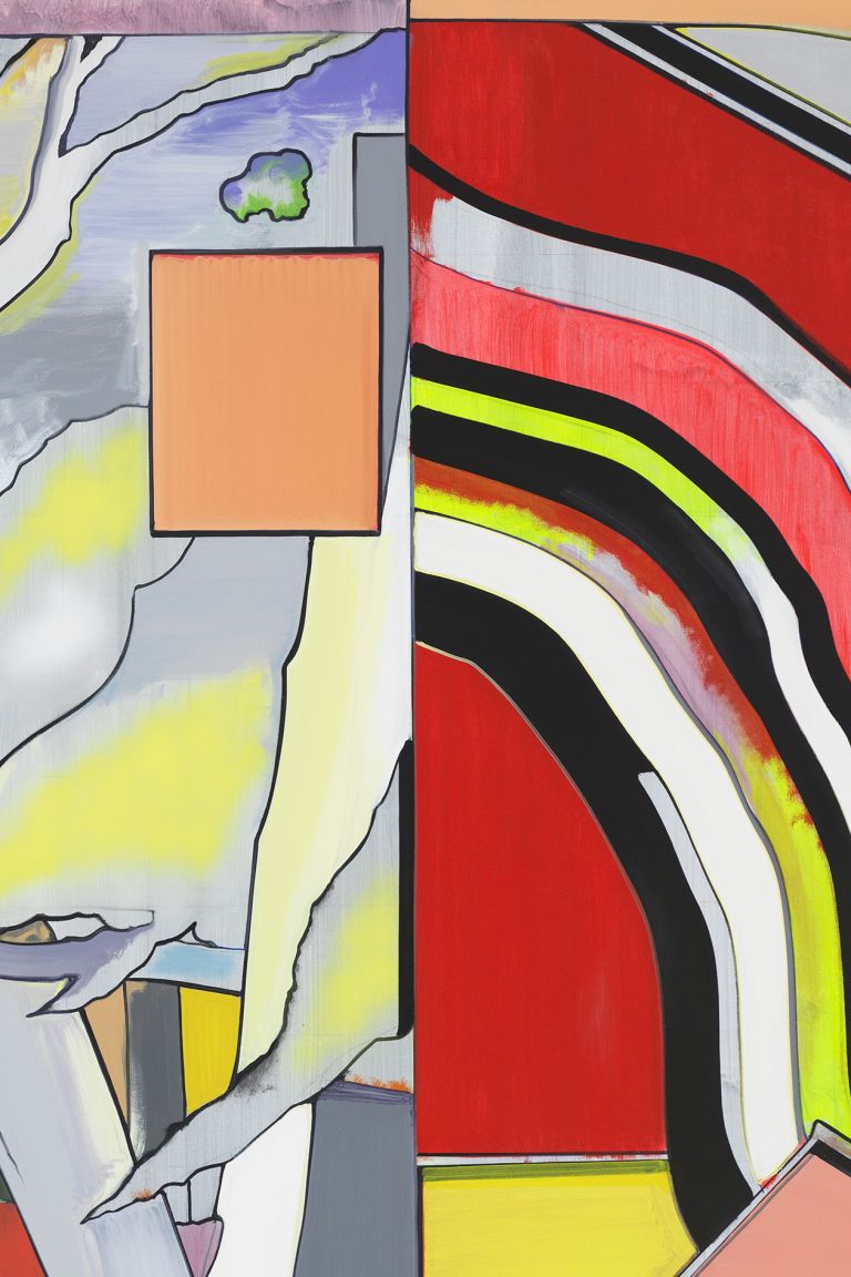 Abstract colorful geometric painting divided into three sections with angular shapes, vibrant colors including red, blue, yellow, and black, creating a disjointed spatial composition.