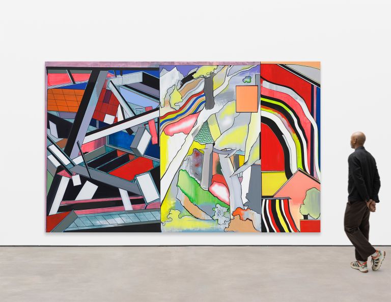 Abstract colorful geometric painting divided into three sections with angular shapes, vibrant colors including red, blue, yellow, and black, creating a disjointed spatial composition.