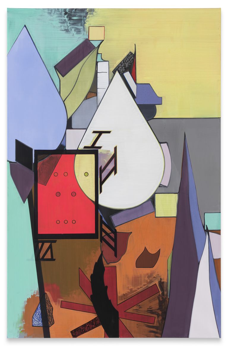 Vertical abstract painting of fragmented urban rooftops in teal, purple, red and orange tones.