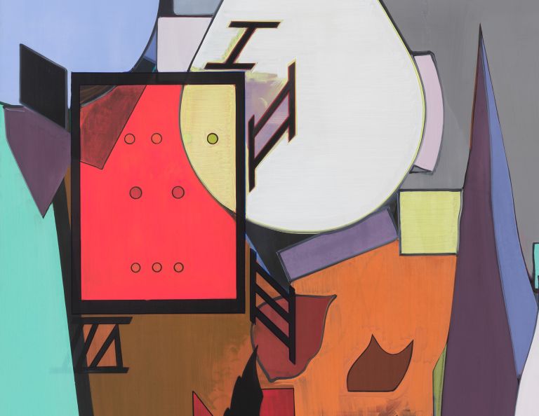 Vertical abstract painting of fragmented urban rooftops in teal, purple, red and orange tones.