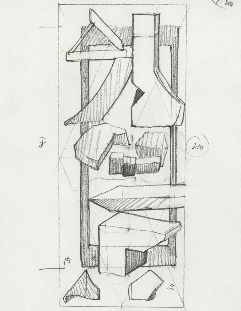 Framed architectural pencil sketch of stacked geometric volumes with handwritten dimensions.