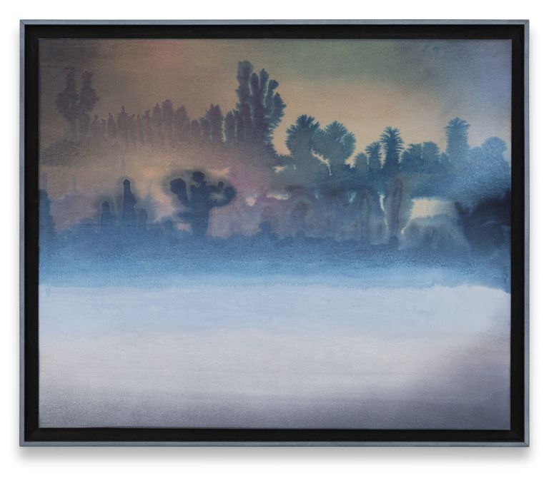 Atmospheric painting of dark tree silhouettes emerging from blue mist, warm pink-orange sky above.