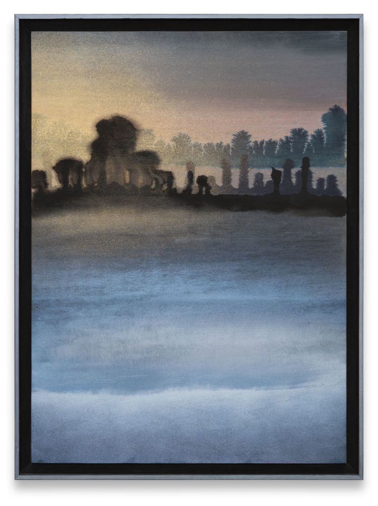 Vertical painting: shadowy figures and trees on dark ridge above blue foggy plain, twilight sky.