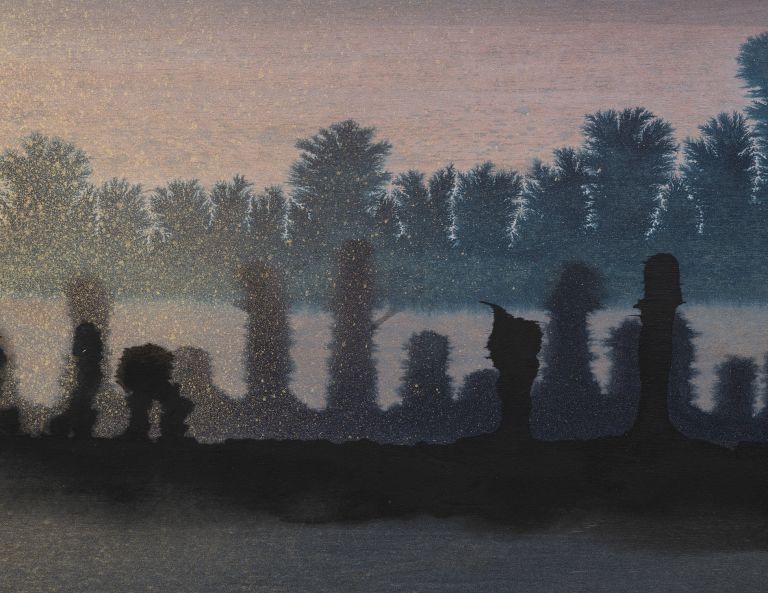 Vertical painting: shadowy figures and trees on dark ridge above blue foggy plain, twilight sky.