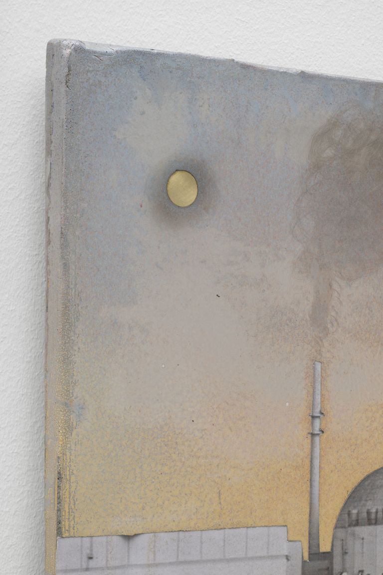 Mixed-media painting: two dachshunds before a nuclear power plant under a pale moon and hazy sky.
