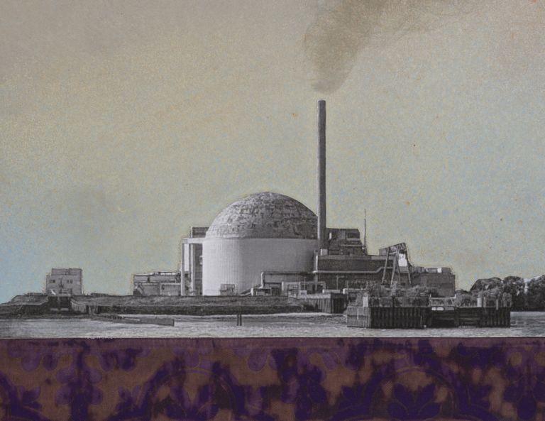 Collage painting: nuclear reactor dome amid pink-red smoky sky, floating on ornate purple-patterned base, pale moon above.