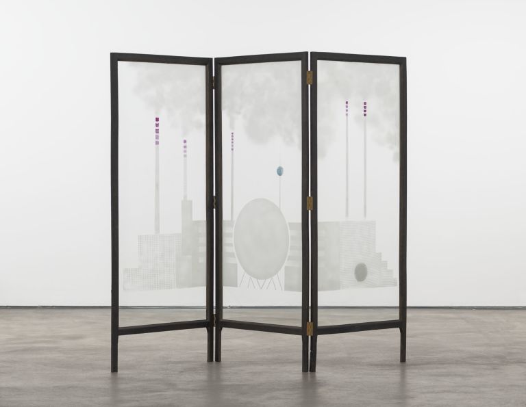 Three-panel black-framed glass screen printed with industrial chimneys, smoke clouds, geometric shapes and a blue orb