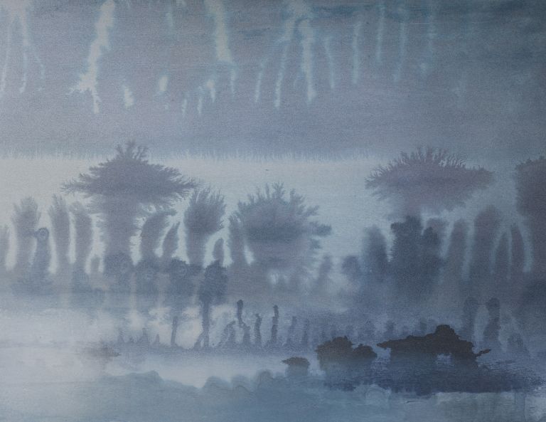 Large horizontal painting of a misty blue landscape with layered tree silhouettes and soft peach light in the sky.
