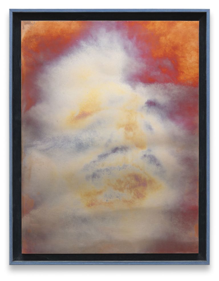 Painting of billowing white and yellow clouds rising against a vivid orange-red sky, with soft blue-grey tones below.