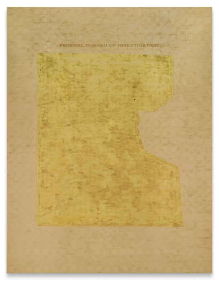 Jenny Holzer
FEDERAL BUREAU OF INVESTIGATION, 2023
24k gold and red gold leaf and oil on linen
259.7 &times; 200.7 &times; 3.8 cm  | 102 1/4 &times; 79 &times; 1 1/2 inches