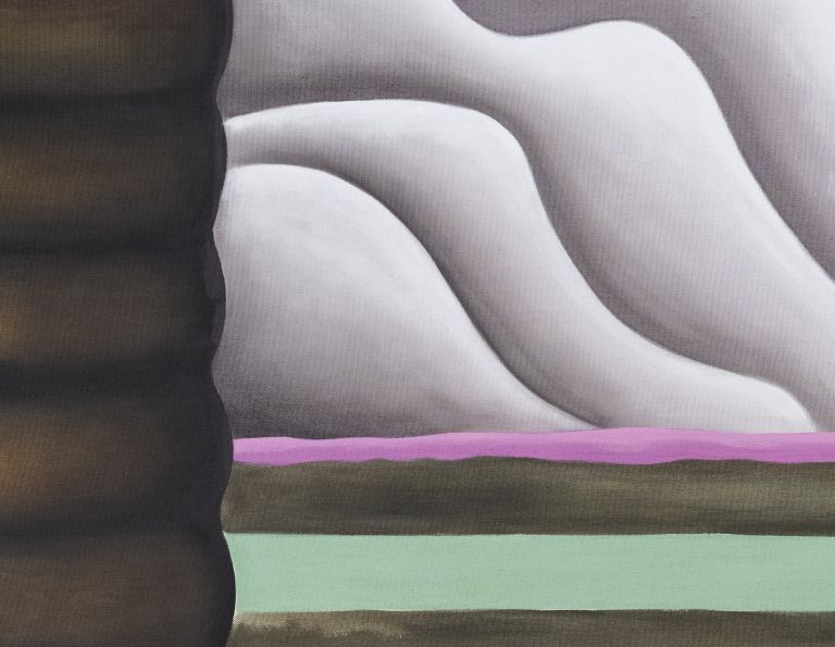 Painting of a ribbed chocolate column beside a layered cake with wavy white icing and a tilted candle on the right.