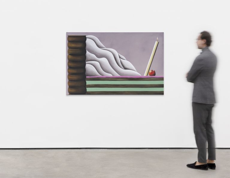 Painting of a ribbed chocolate column beside a layered cake with wavy white icing and a tilted candle on the right.
