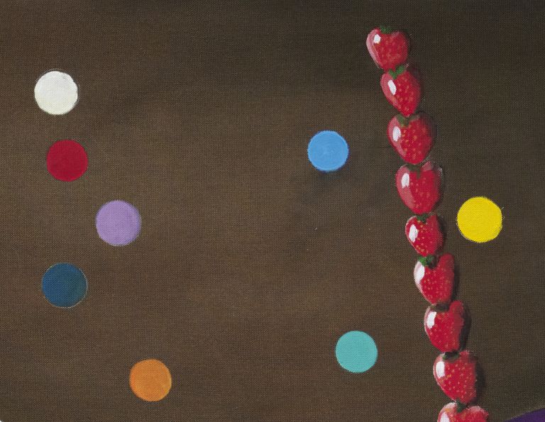 Close-up painting of swirling white cream scrolls over striped chocolate layers, scattered with colorful dots and cherries.