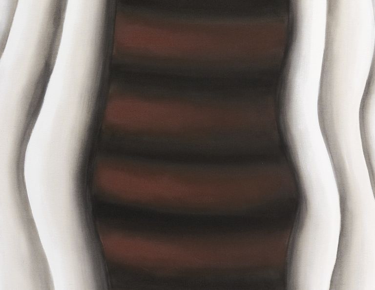 Tall vertical painting of a chocolate log cake enveloped in white cream, topped with assorted pastries and a lemon slice.