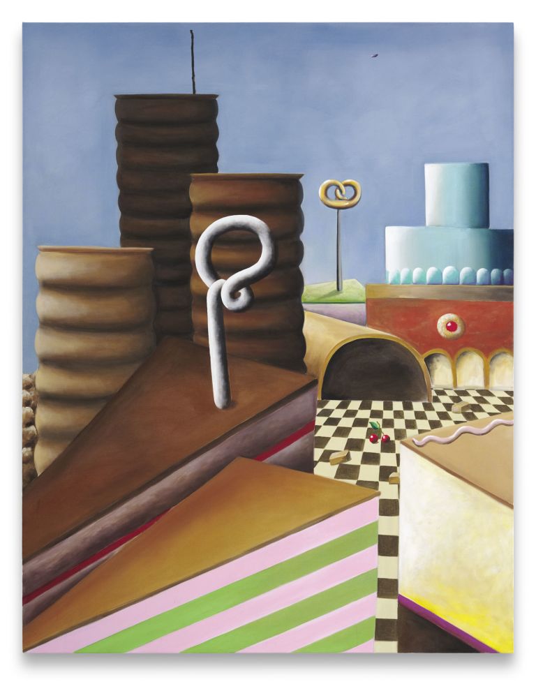 Painting of a surreal confectionery cityscape with chocolate towers, a pretzel lamp post, and a tiered teal cake.