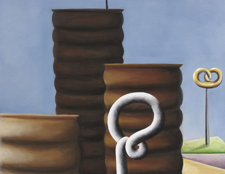 Painting of a surreal confectionery cityscape with chocolate towers, a pretzel lamp post, and a tiered teal cake.
