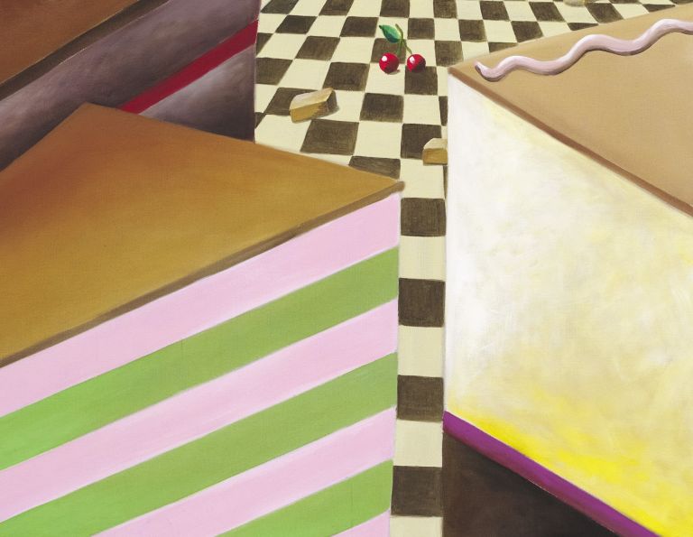 Painting of a surreal confectionery cityscape with chocolate towers, a pretzel lamp post, and a tiered teal cake.