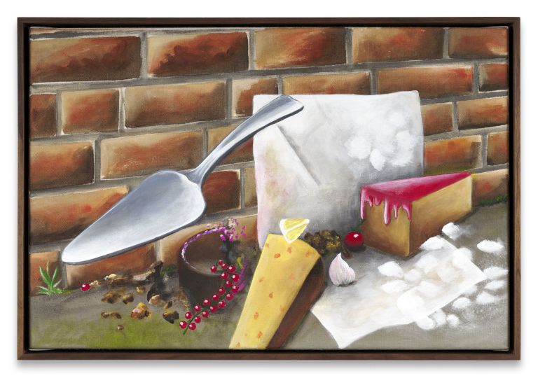 Framed still life painting of a cake server, sugar bag, pastry cone, cherry cake slice, and berries against a brick wall.