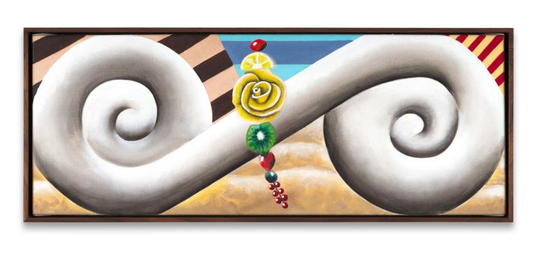 Wide framed painting of a white double-scroll cream ornament with a vertical stack of fruit and berries at its center.