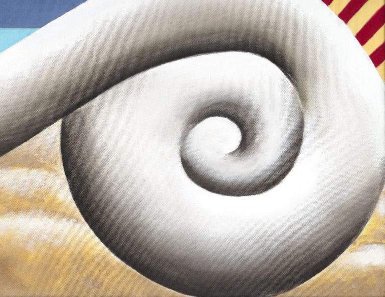 Wide framed painting of a white double-scroll cream ornament with a vertical stack of fruit and berries at its center.