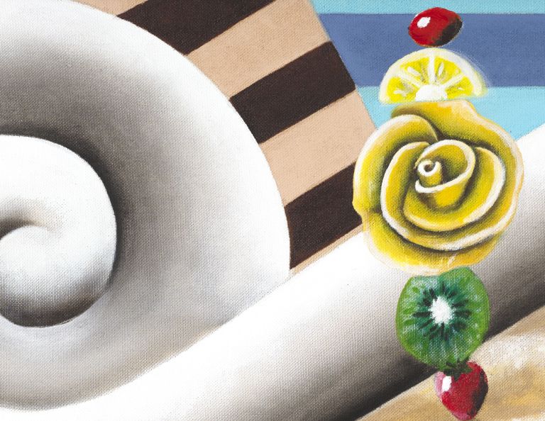 Wide framed painting of a white double-scroll cream ornament with a vertical stack of fruit and berries at its center.