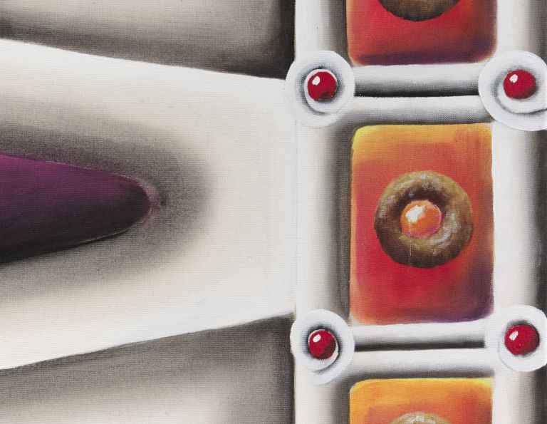 Wide framed painting of a pink teardrop shape with a dotted cross pattern, framed in white, beside orange jeweled squares.