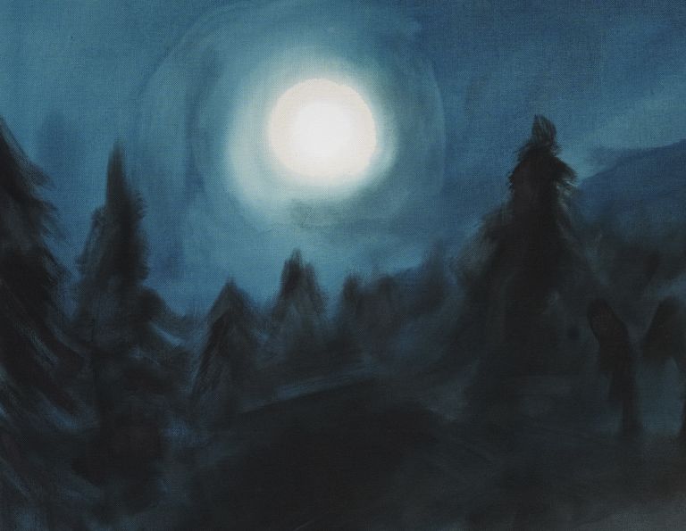 Painting of a cherry-topped Black Forest cake glowing in a moonlit mountain landscape with dark pine forests.