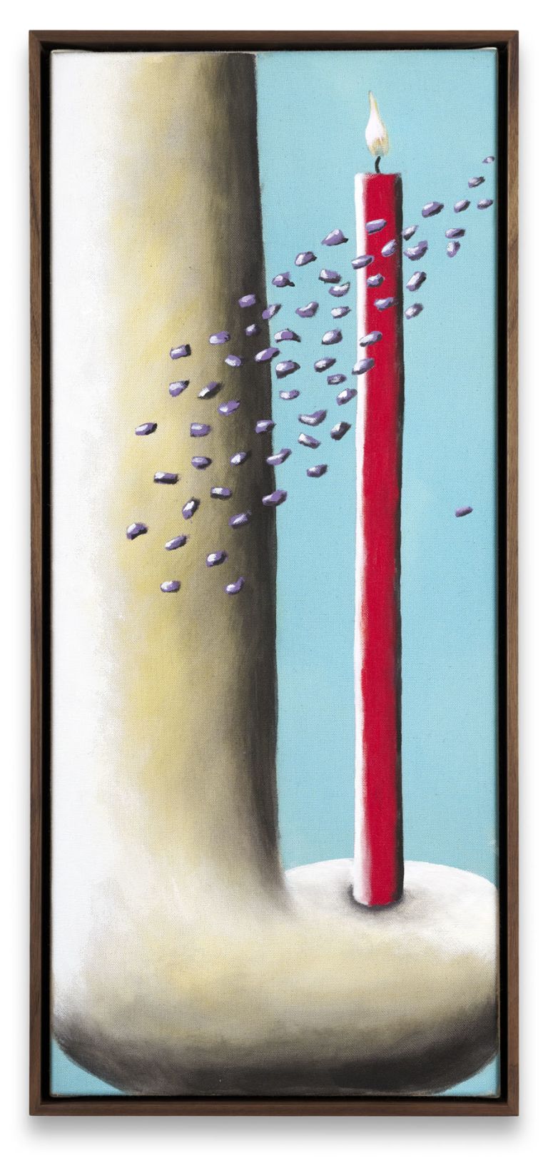 Tall framed painting of a lit red birthday candle with scattered purple sprinkles floating around it against a teal background.