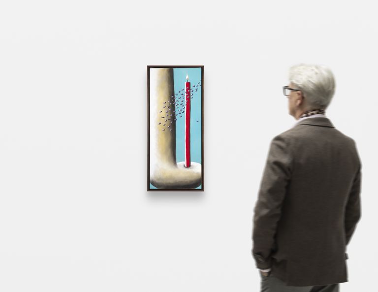 Tall framed painting of a lit red birthday candle with scattered purple sprinkles floating around it against a teal background.