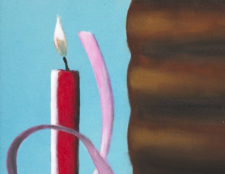 Tall framed painting of a lit red candle wrapped with a pink ribbon, standing on a donut base beside a chocolate layer.