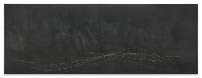 Large dark diptych with smoky textures and delicate white lines weaving across the lower section.