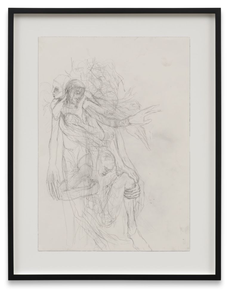 Framed pencil sketch: two intertwined figures, one carrying the other, with expressive tangled lines suggesting movement.