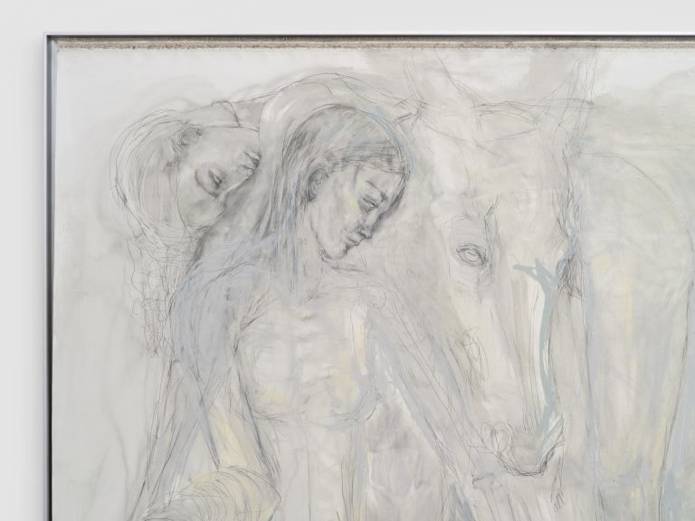Large pale painting in silver frame: a nude figure stands beside a white horse, rendered in soft blue-grey washes and pencil lines.