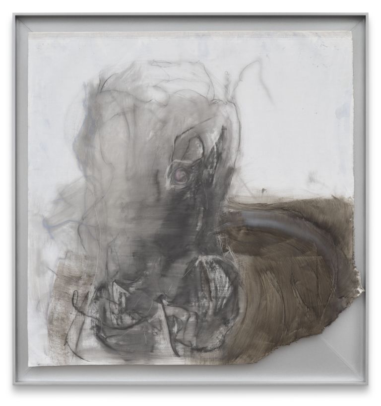 Framed mixed-media drawing: abstract horse head in charcoal and brown paint, heavily worked with dense, expressive marks.