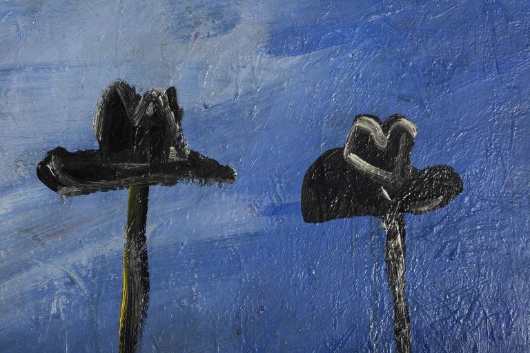 Painting of four black hats on long poles against a dark blue sky and reddish ground