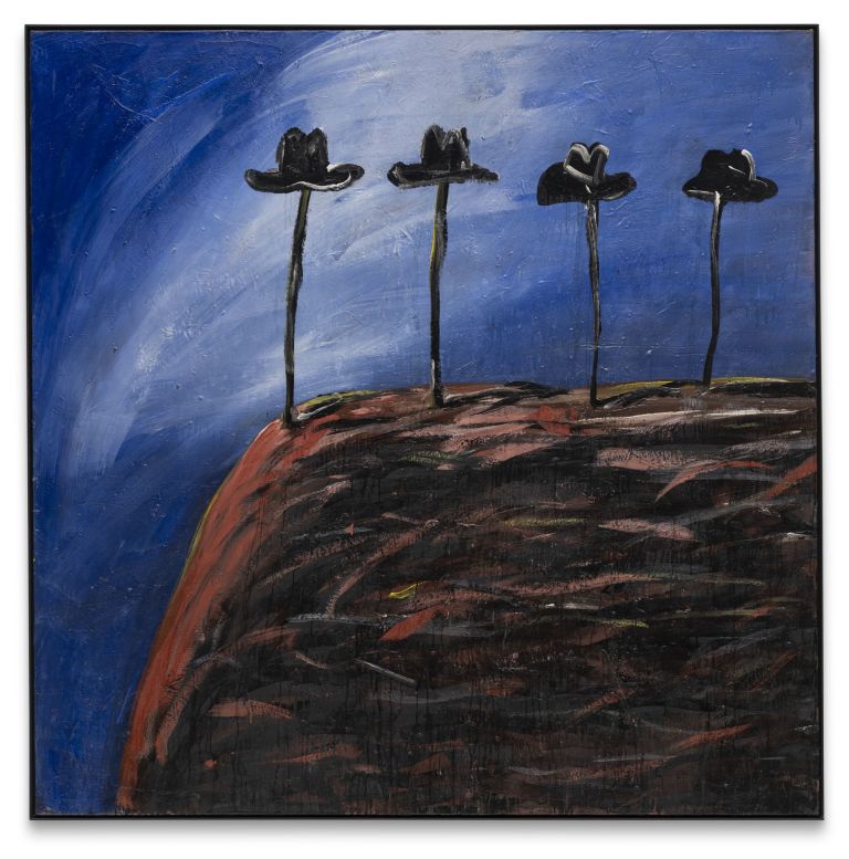 Painting of four black hats on long poles against a dark blue sky and reddish ground