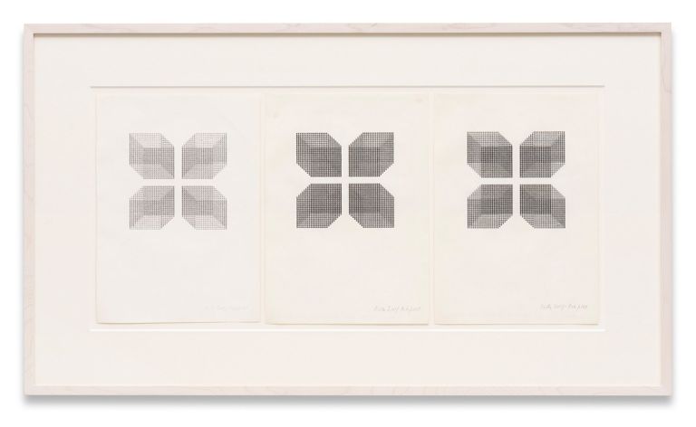 Ruth Wolf-Rehfeldt
Kuben, Kästen, Käfige, 1979
Original typewriting and carbon copies, three elements
29.5 × 21 cm (each)
11 5/8 × 8 1/4 inches (each)
48 × 83.2 × 3 cm (framed)
19 × 32 3/4 × 1 1/8 inches (framed)
Courtesy: the artist and ChertLüdde